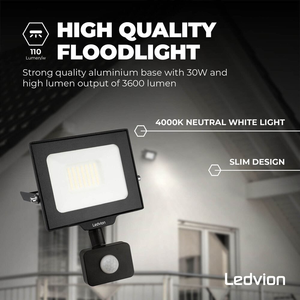 Ledvion Naświetlacz LED Z Czujnikiem Ruchu 30W – Osram – IP65 – 120lm/W – Naturalny Biały Kolor – 5 lat gwarancji