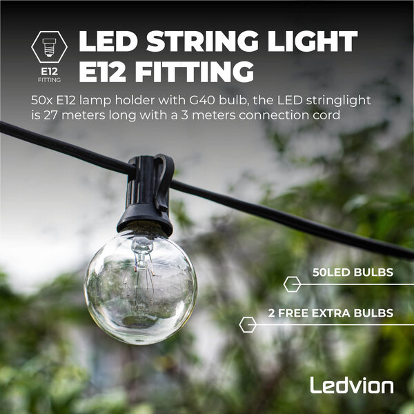 Ledvion 27m Girlanda Ogrodowa LED + 3m przewód zasilający - IP44 - Zawiera 50 Żarówek LED - Podłącz i używaj