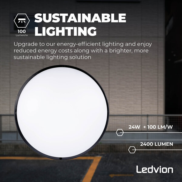 Ledvion Bulkhead LED Ø35 CM - Lampa Sufitowa - 24W - CCT - 2400 Lumenów - Czarny - IP65 Wodoodporność - 5 lat gwarancji