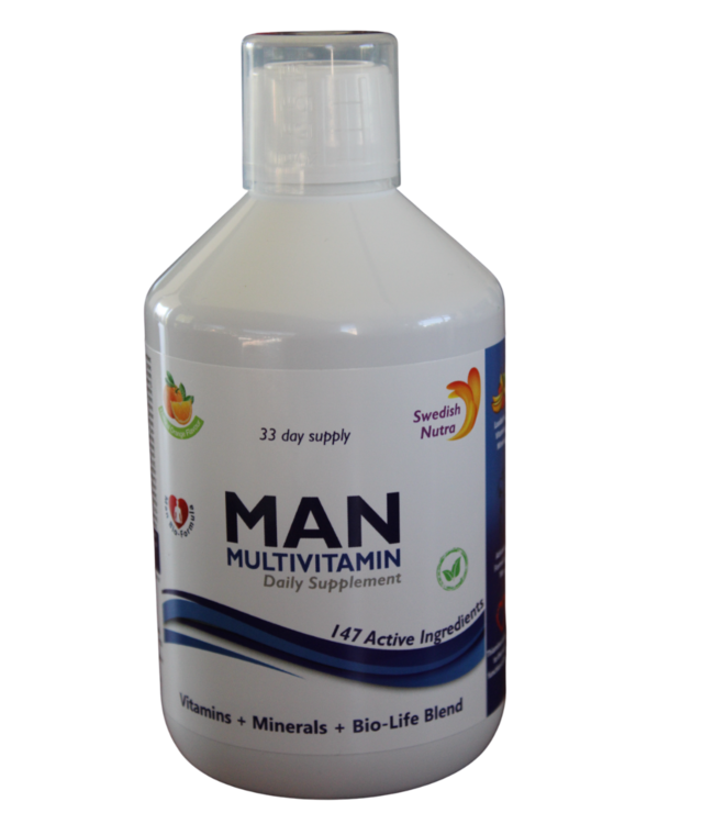 Swedish Healtbrand Swedish Healthbrand Man Multivitamine vloeibare vitamine ( NON-GMO ) voor 33 dagen inclusief maatbeker voor inname, 147 actieve ingredienten, immuunbooster, glutenvrij, gistvrij, 500ml inhoud dagelijkse inname 15ml