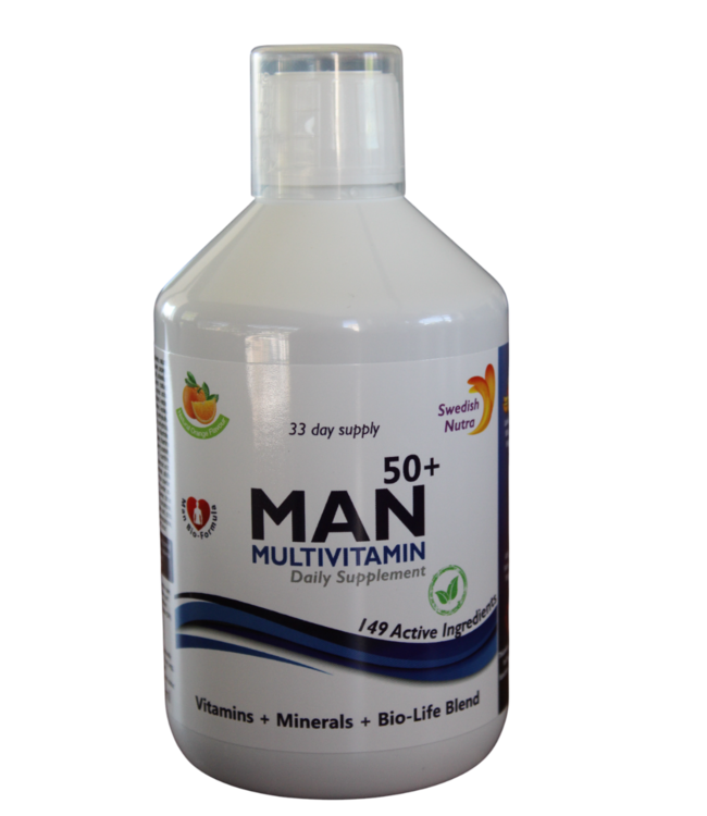 Swedish Healtbrand Swedish Healthbrand Man 50+ Multivitamine vloeibare vitamine ( NON-GMO ) voor 33 dagen inclusief maatbeker voor inname, 149 actieve ingredienten, immuunbooster, glutenvrij, gistvrij, 500ml inhoud dagelijkse inname 15ml