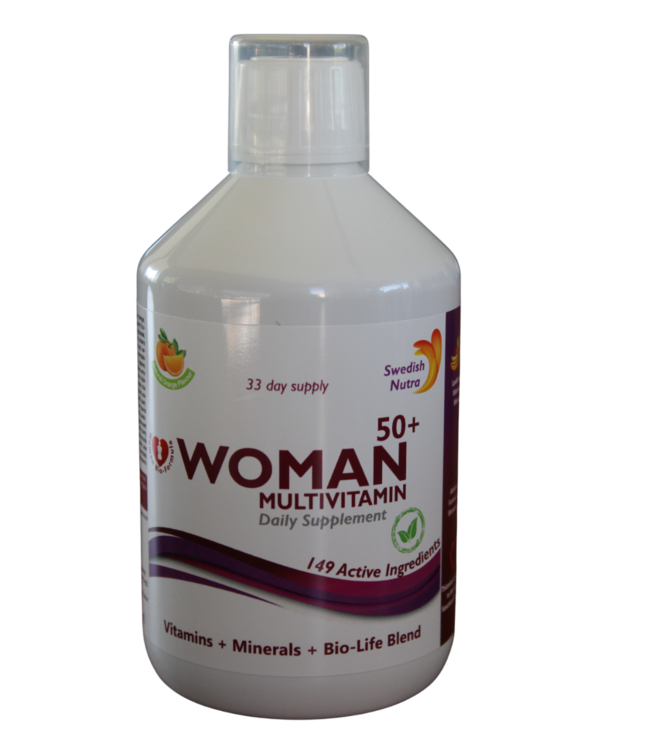 Swedish Healtbrand Swedish Healthbrand Woman 50+ Multivitamine vloeibare vitamine ( NON-GMO ) voor 33 dagen inclusief maatbeker voor inname, 149 actieve ingredienten, immuunbooster, glutenvrij, gistvrij, 500ml inhoud dagelijkse inname 15ml