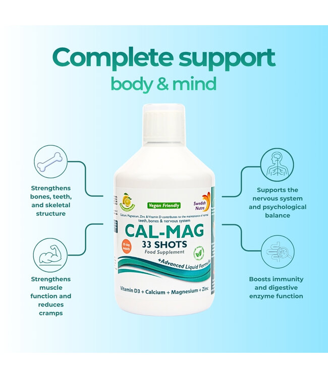 Swedish Healtbrand Calcium-magnésium vitamine liquide (SANS OGM) pendant 33 jours comprenant un verre doseur, du zinc, de la vitamine C+D, végétalienne, sans gluten, sans levure, contenu de 500 ml, apport quotidien de 15 ml