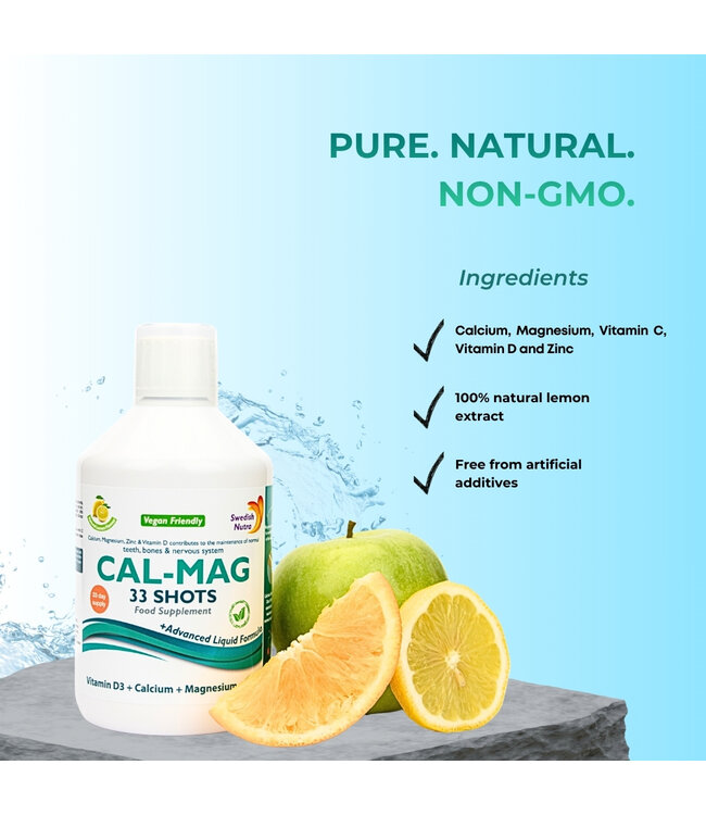 Swedish Healtbrand Calcium- Magnesium liquid vitamin (NON-GMO) for 33 days including measuring cup, zinc, vitamin C + D, vegan, gluten-free, yeast-free, 500ml content daily intake 15ml