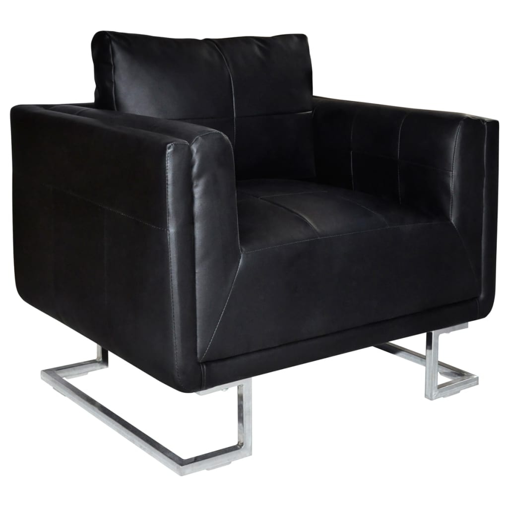 Zwarte Kunstleren Fauteuil met Chroom - Kubus Design - 35% Korting!