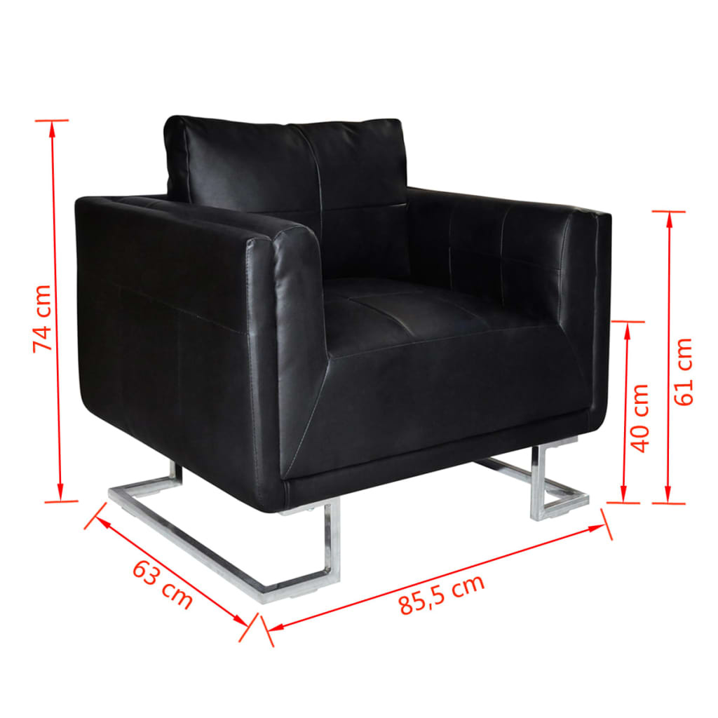 Zwarte Kunstleren Fauteuil met Chroom - Kubus Design - 35% Korting!