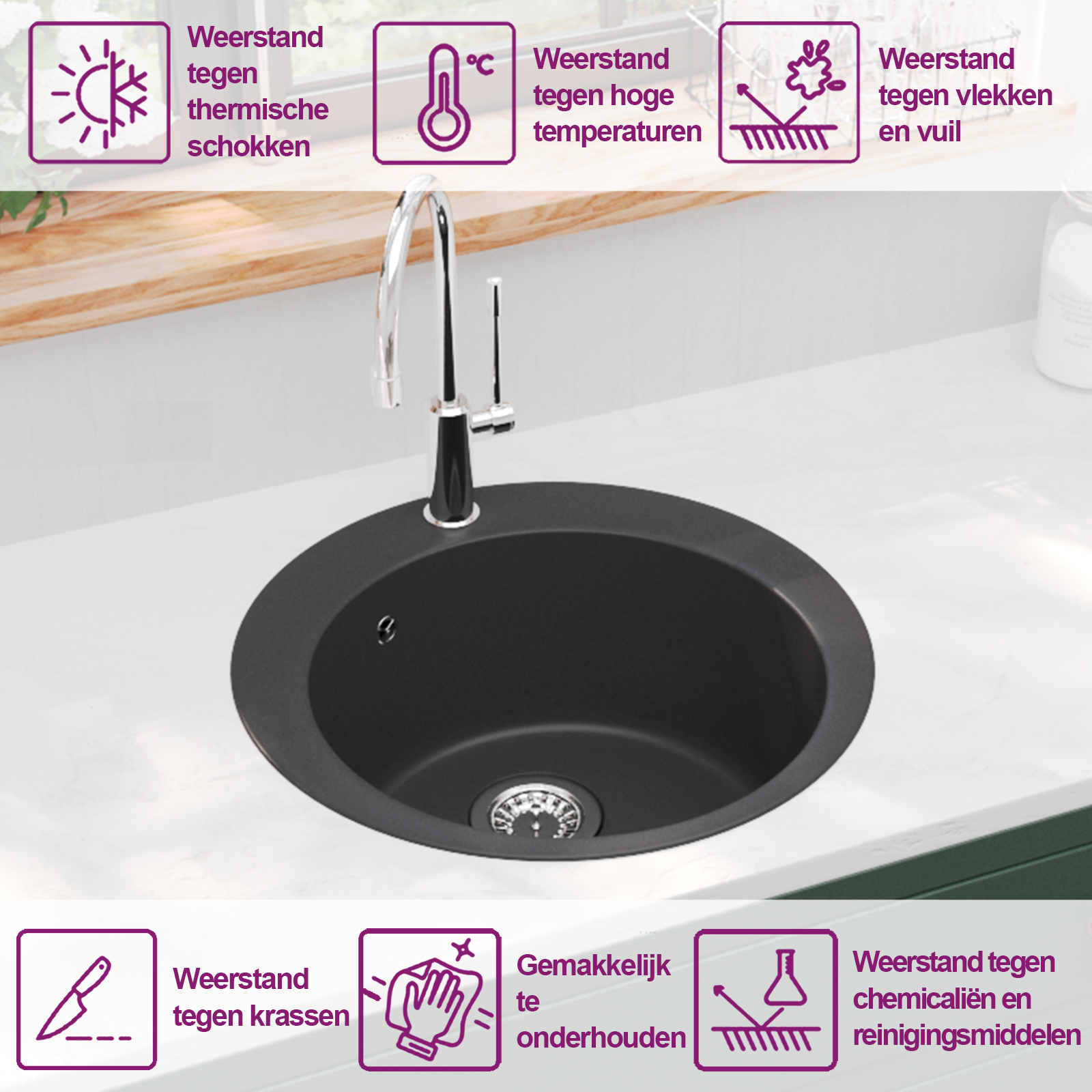 vidaXL Granieten Gootsteen Zwart - Rond - 35% Korting!