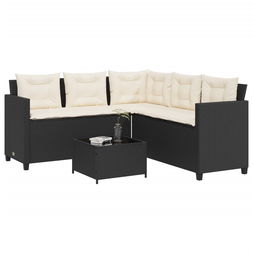Tuinbank L-vorm Rattan Zwart + Tafel & Kussens - 35% Korting!