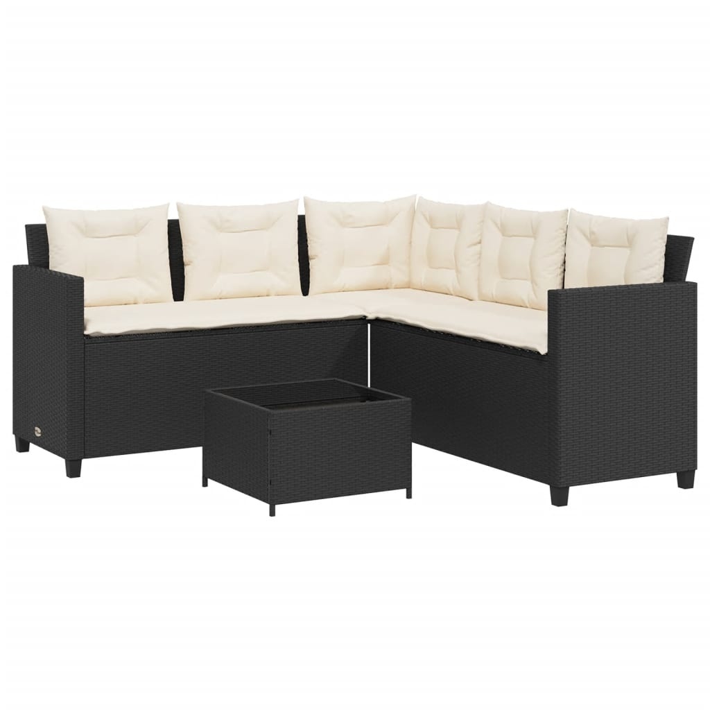 Tuinbank L-vorm Rattan Zwart + Tafel & Kussens - 35% Korting!