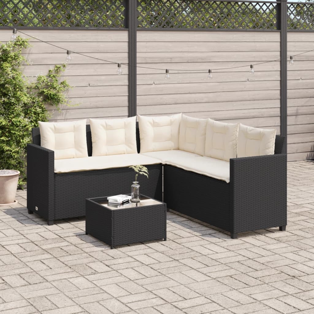 Tuinbank L-vorm Rattan Zwart + Tafel & Kussens - 35% Korting!