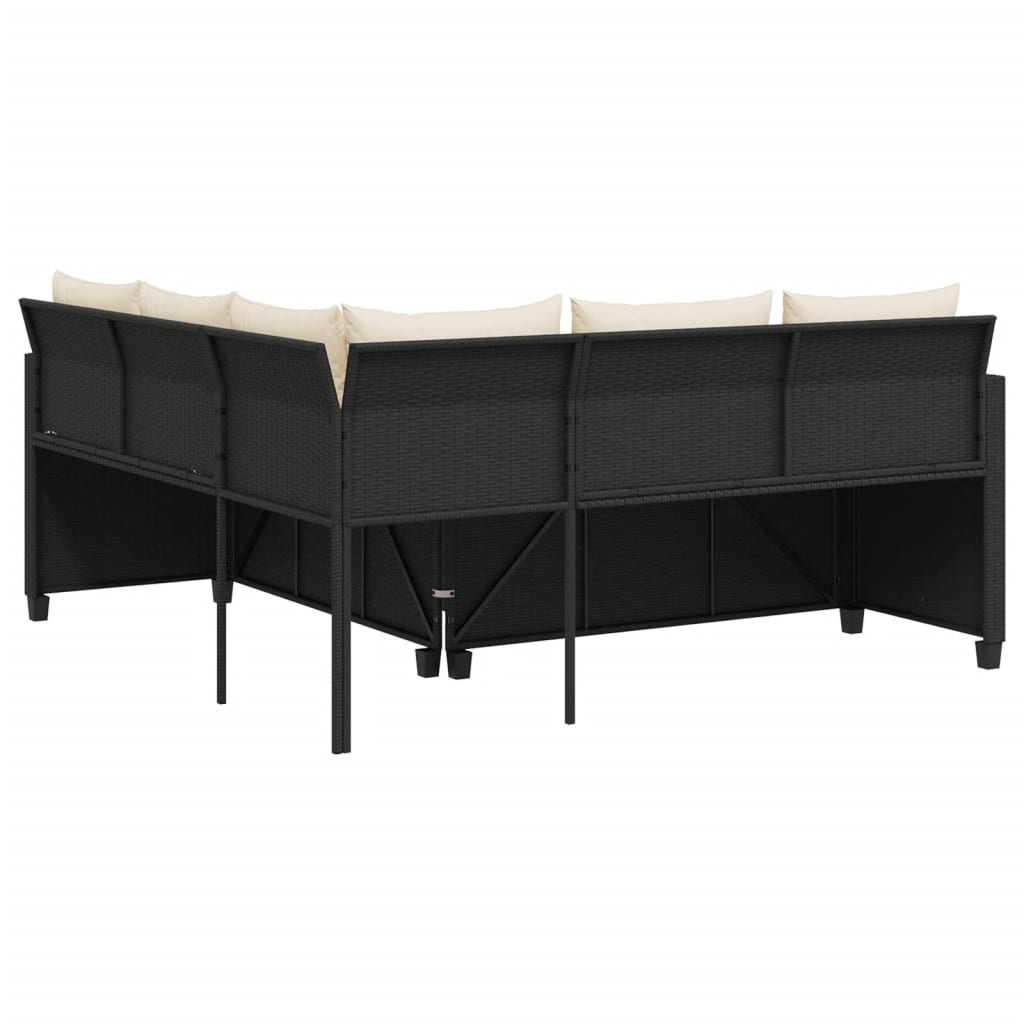 Tuinbank L-vorm Rattan Zwart + Tafel & Kussens - 35% Korting!