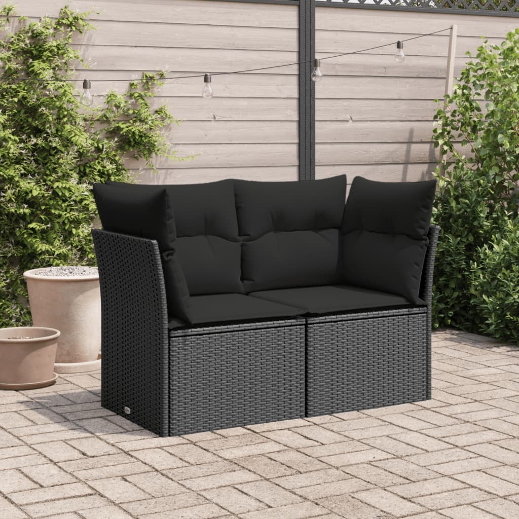 Tuinbank 2-zits zwart rattan met kussens - 35% KORTING!
