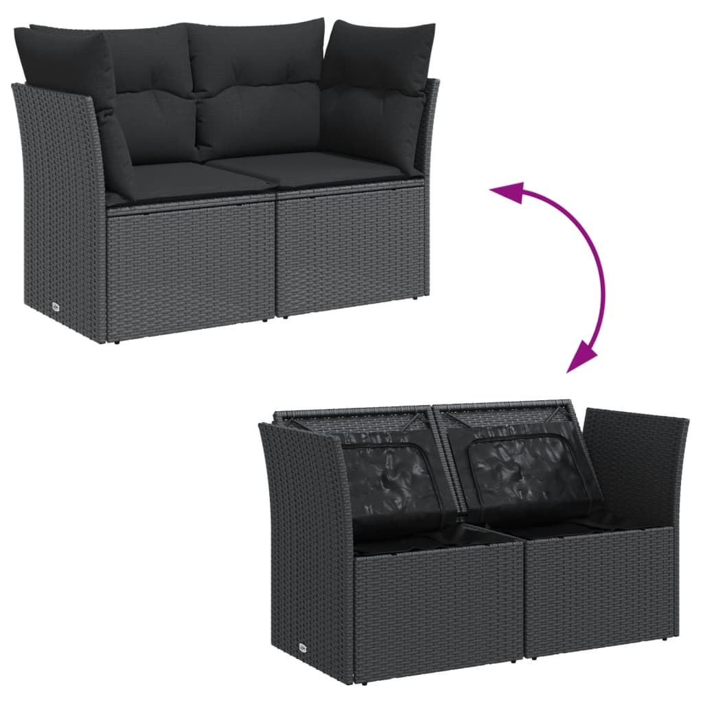 Tuinbank 2-zits zwart rattan met kussens - 35% KORTING!