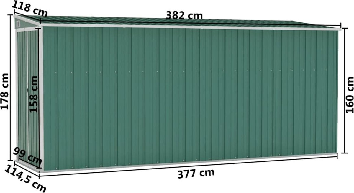 vidaXL Wand Tuinschuur Groen - 118x382x178cm - 35% Korting!