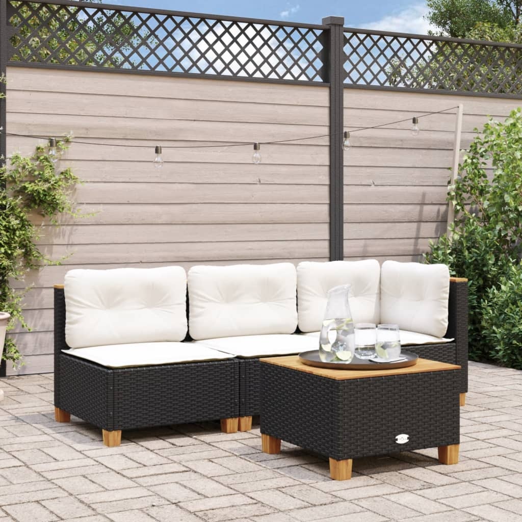 Tuinhoekbank Poly Rattan Zwart m. Kussens -35%