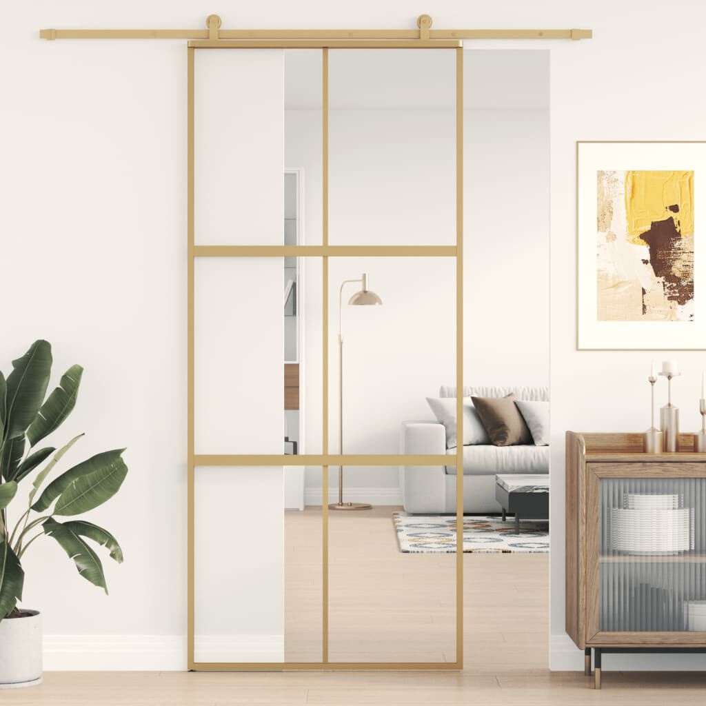 vidaXL Schuifdeur 90x205 cm helder ESG-glas en aluminium goudkleurig