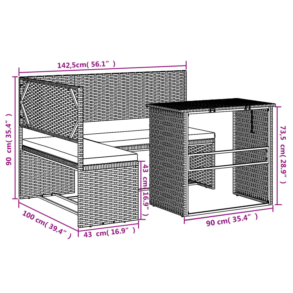 Tuinbank L-vorm Rattan Grijs met Tafel & Kussens -45% Korting!