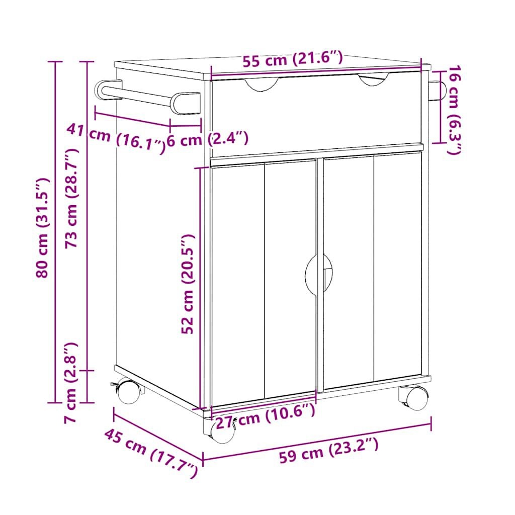 vidaXL Keukentrolley Grenen - 59x45x80cm - Gebruikssporen - 35% Korting!