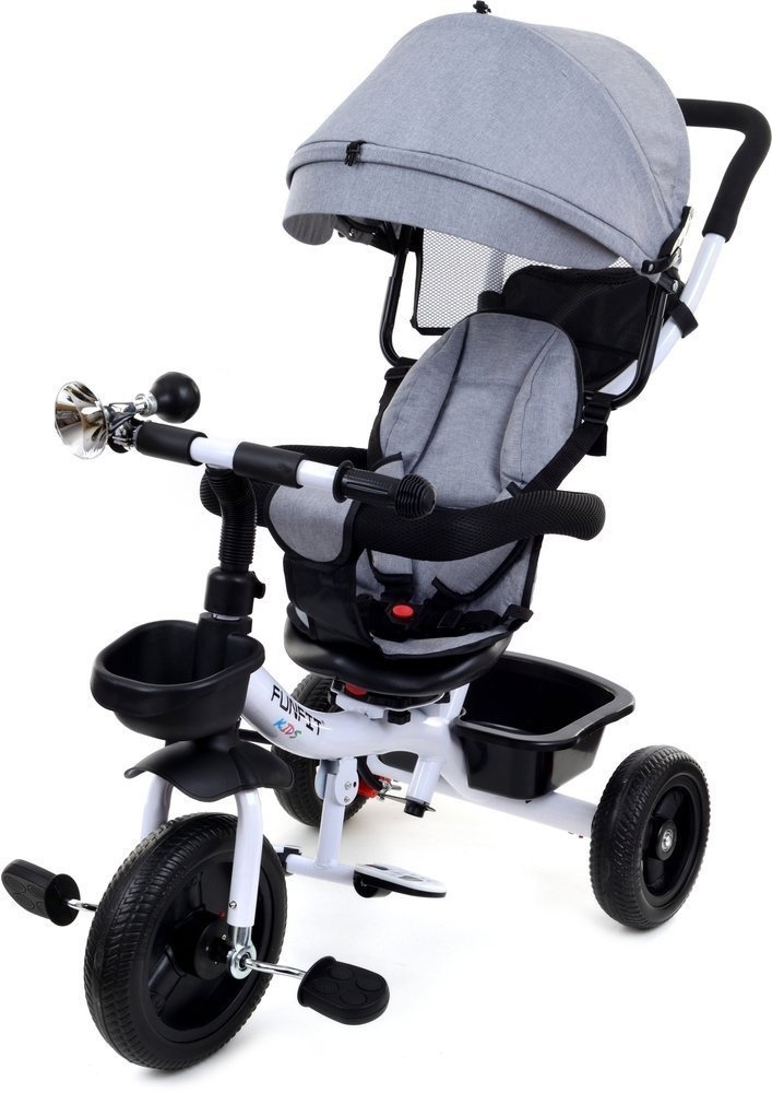 Driewieler met Duwstang & Zonnekap Grijs-Wit -55% Korting!