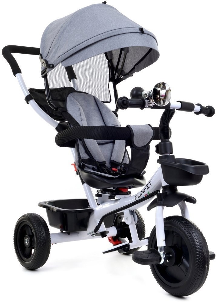 Driewieler met Duwstang & Zonnekap Grijs-Wit -55% Korting!
