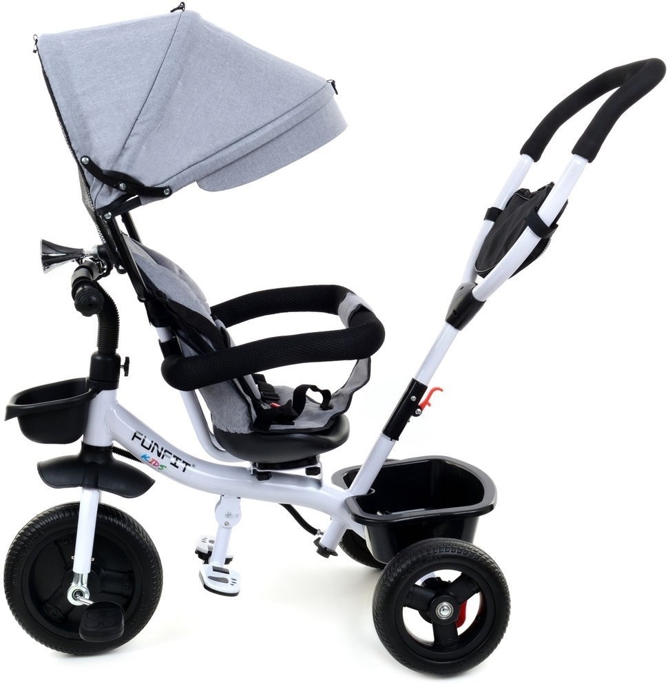 Driewieler met Duwstang & Zonnekap Grijs-Wit -55% Korting!