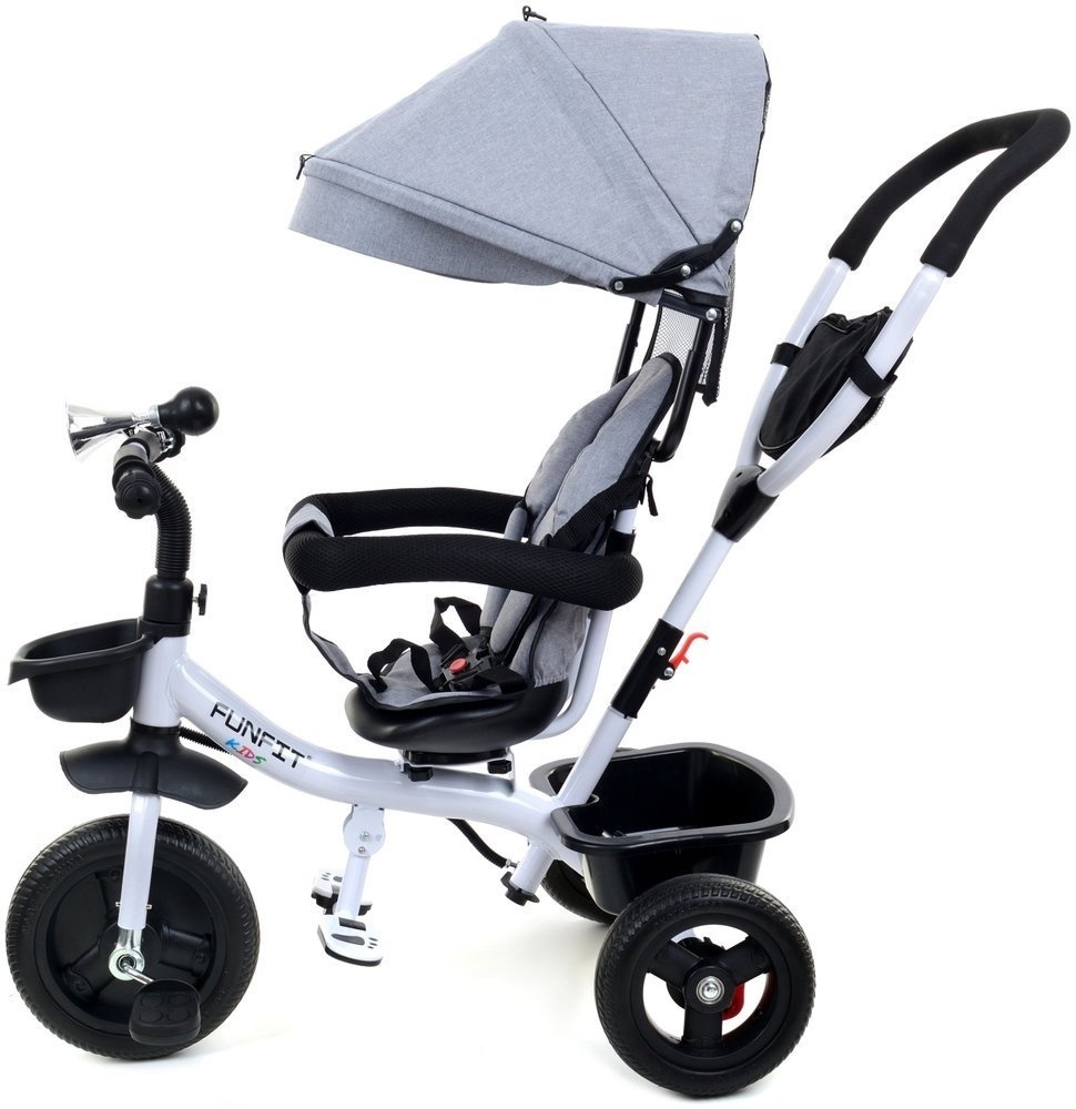 Driewieler met Duwstang & Zonnekap Grijs-Wit -55% Korting!