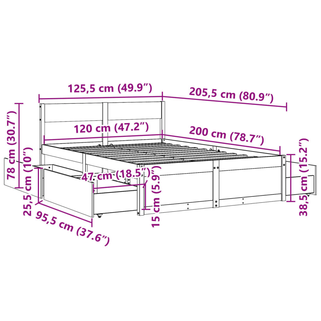 Grenen Bedframe 120x200 + Lades - 35% Korting!