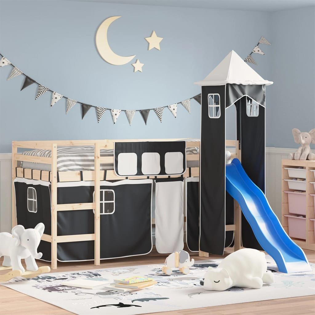 vidaXL Hoogslaper Gordijnen & Toren Wit/Zwart - 65% Korting!
