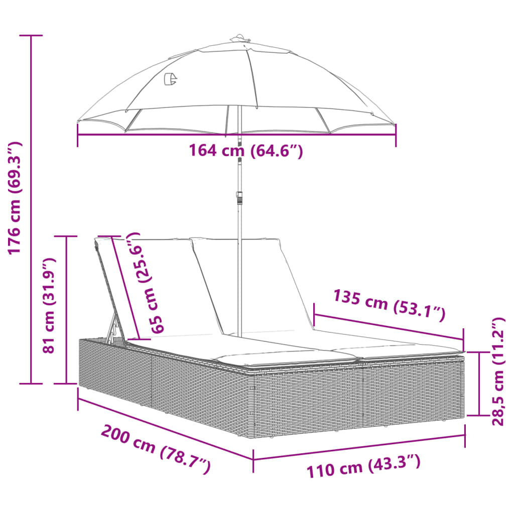 VidaXL Ligbed 2-pers. Beige Rattan + Parasol -35%!