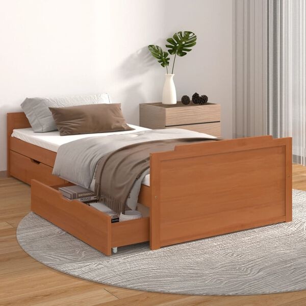 Bedframe 90x200 Honingbruin - Grenenhout + Lades - 35% Korting!