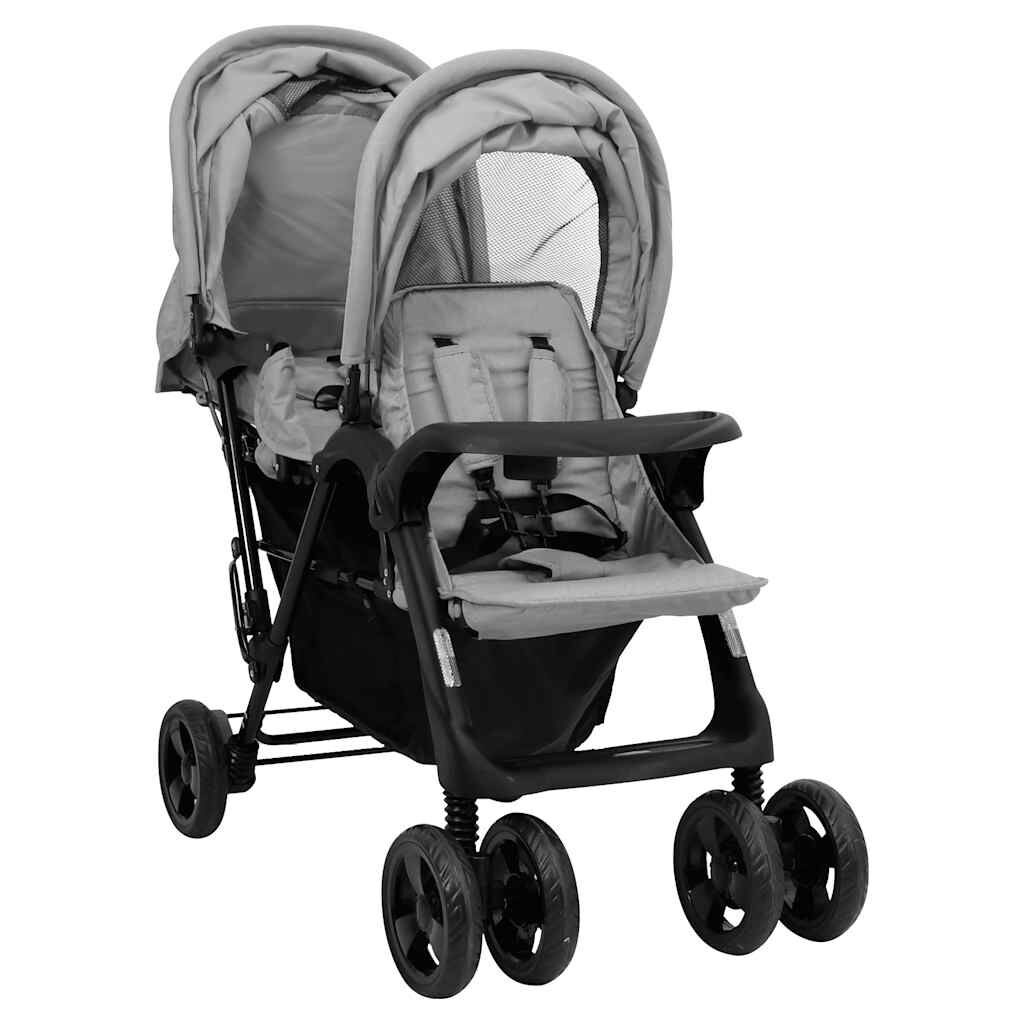 vidaXL Tweelingkinderwagen Tandem Lichtgrijs - 35% Korting!