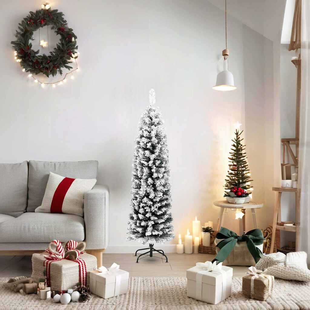 Kunstkerstboom Smal 150cm Groen met Sneeuw - 65% Korting!