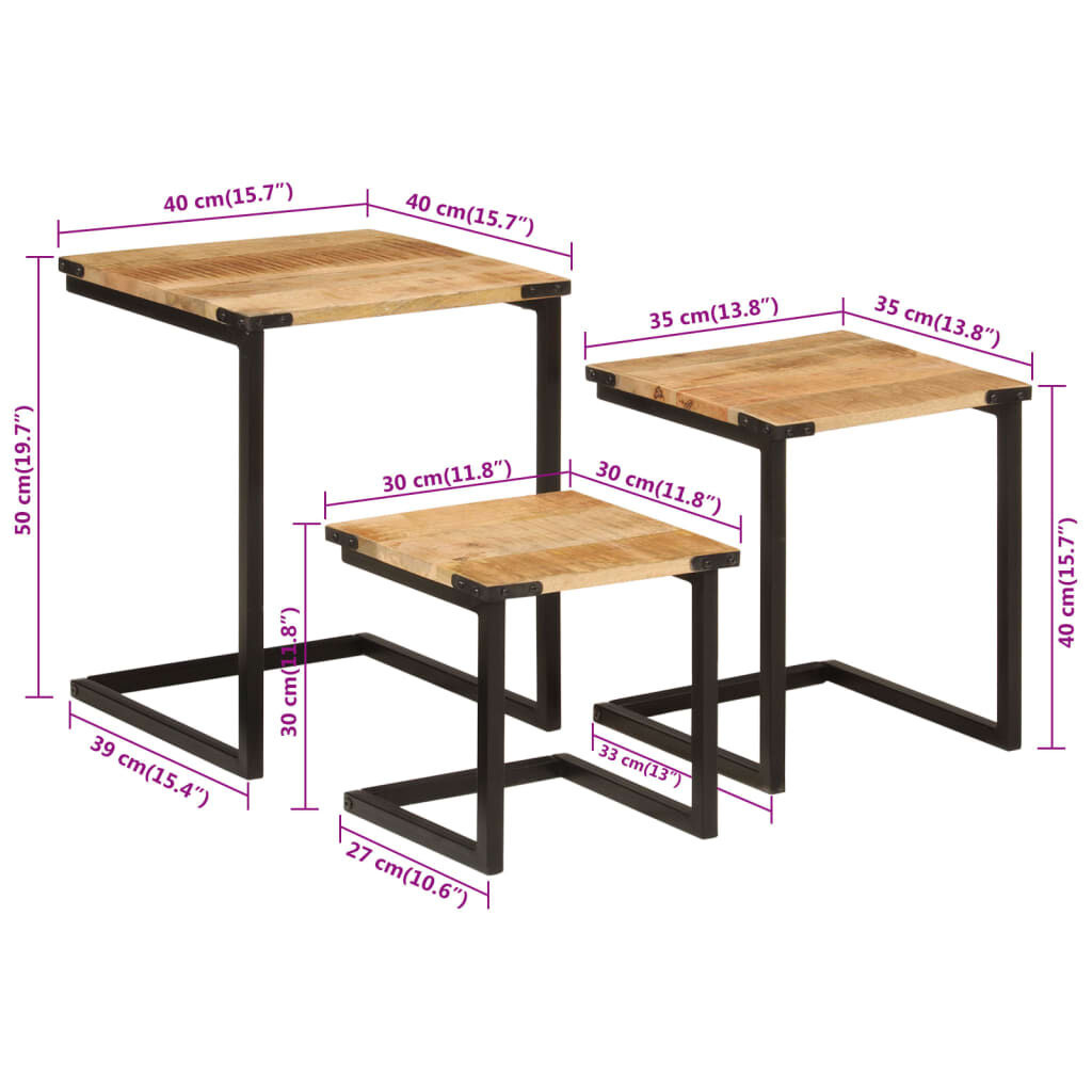 VidaXL Salontafelset 3-delig Massief Mangohout & IJzer