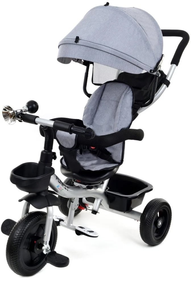 Driewieler met Duwstang & Zonnekap - Grijs/Zilver - 50% Korting!
