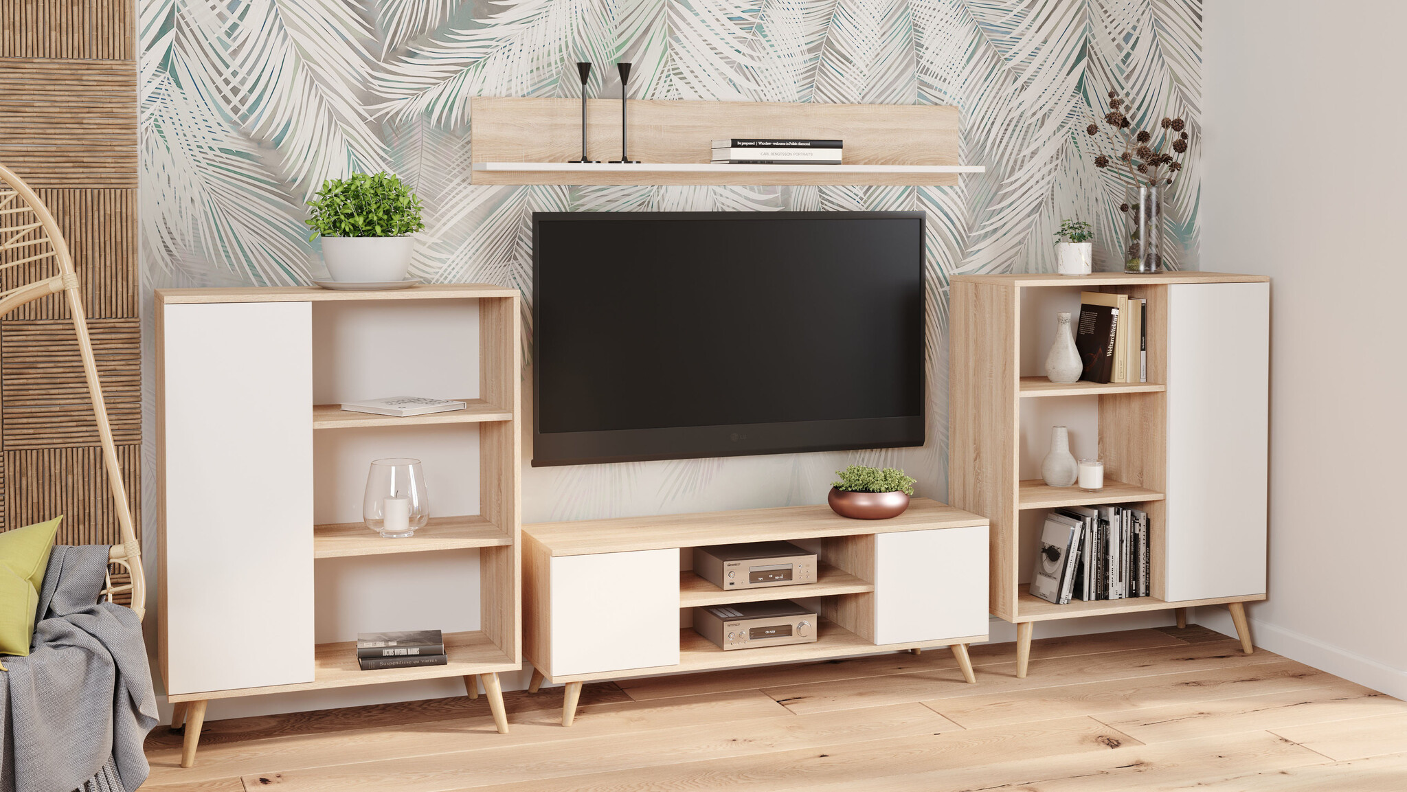TV-meubel - houten poten - beige wit - 155x40x50 cm