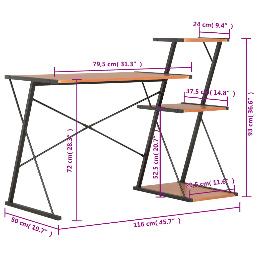 vidaXL Bureau met schap 116x50x93 cm zwart en bruin