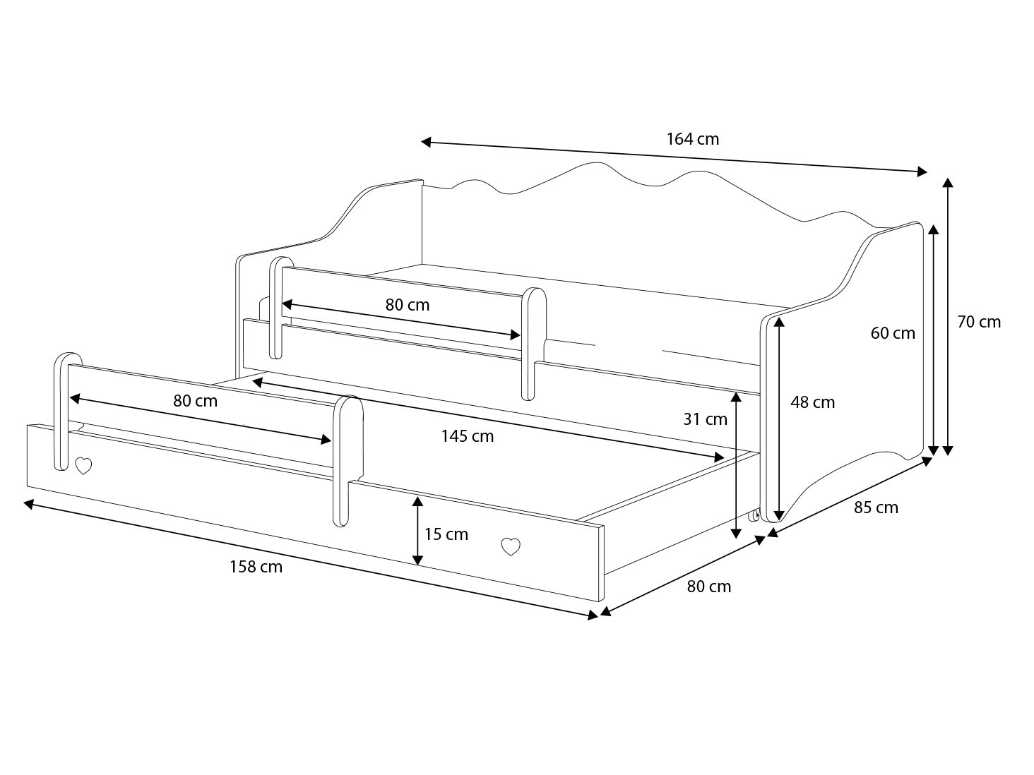 Peuterbed 80x160cm - met uitschuifbed en 2 matrassen - wit roze