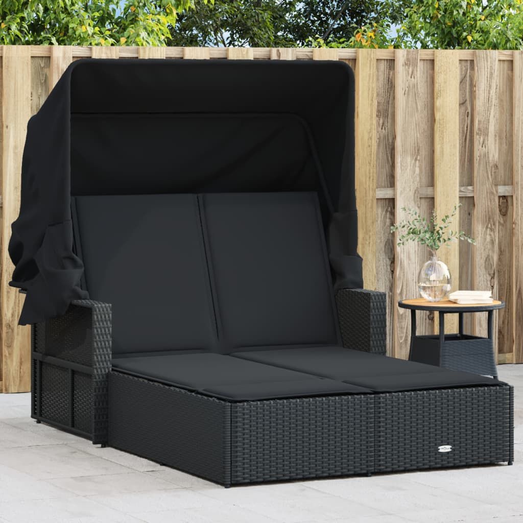 vidaXL Ligbed 2-persoons met luifel en kussens poly rattan zwart
