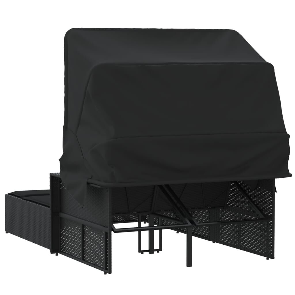 vidaXL Ligbed 2-persoons met luifel en kussens poly rattan zwart