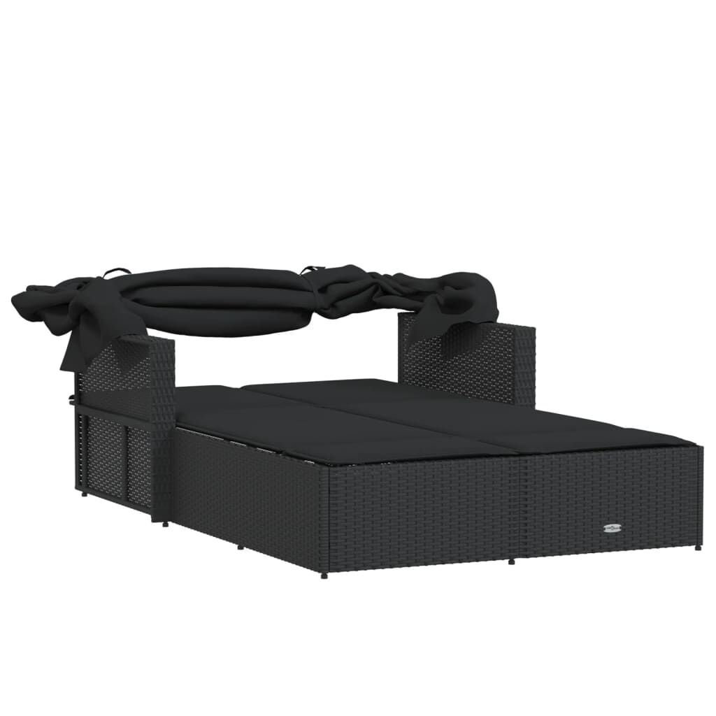 vidaXL Ligbed 2-persoons met luifel en kussens poly rattan zwart