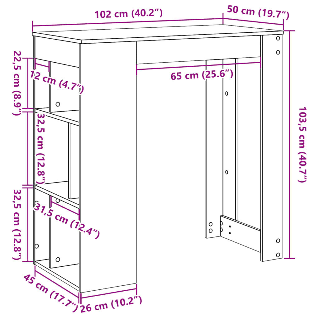 vidaXL Bartafel Wit - 102cm + Rekken - 35% Korting!