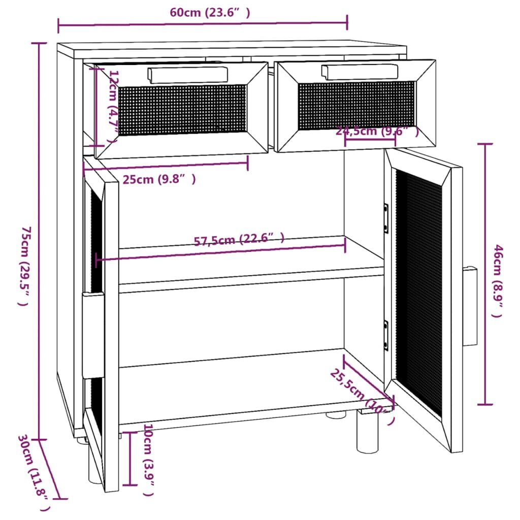 vidaXL Dressoir Grenenhout & Rattan Wit -60x30x75cm - 40% Korting!
