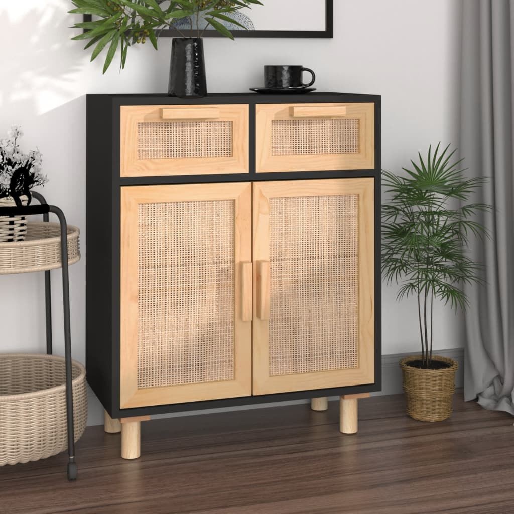 vidaXL Dressoir Zwart Grenen & Rattan -60x30x75cm - 40% Korting!