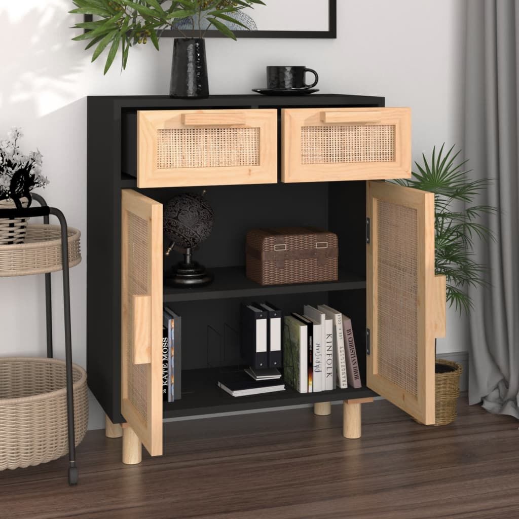 vidaXL Dressoir Zwart Grenen & Rattan -60x30x75cm - 40% Korting!