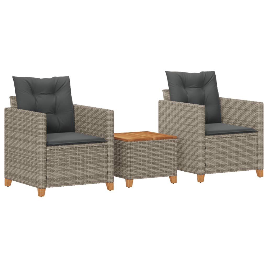 vidaXL 3-delige Bistroset met kussens poly rattan en acaciahout grijs