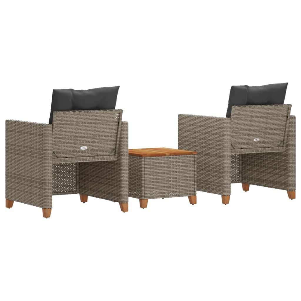 vidaXL 3-delige Bistroset met kussens poly rattan en acaciahout grijs