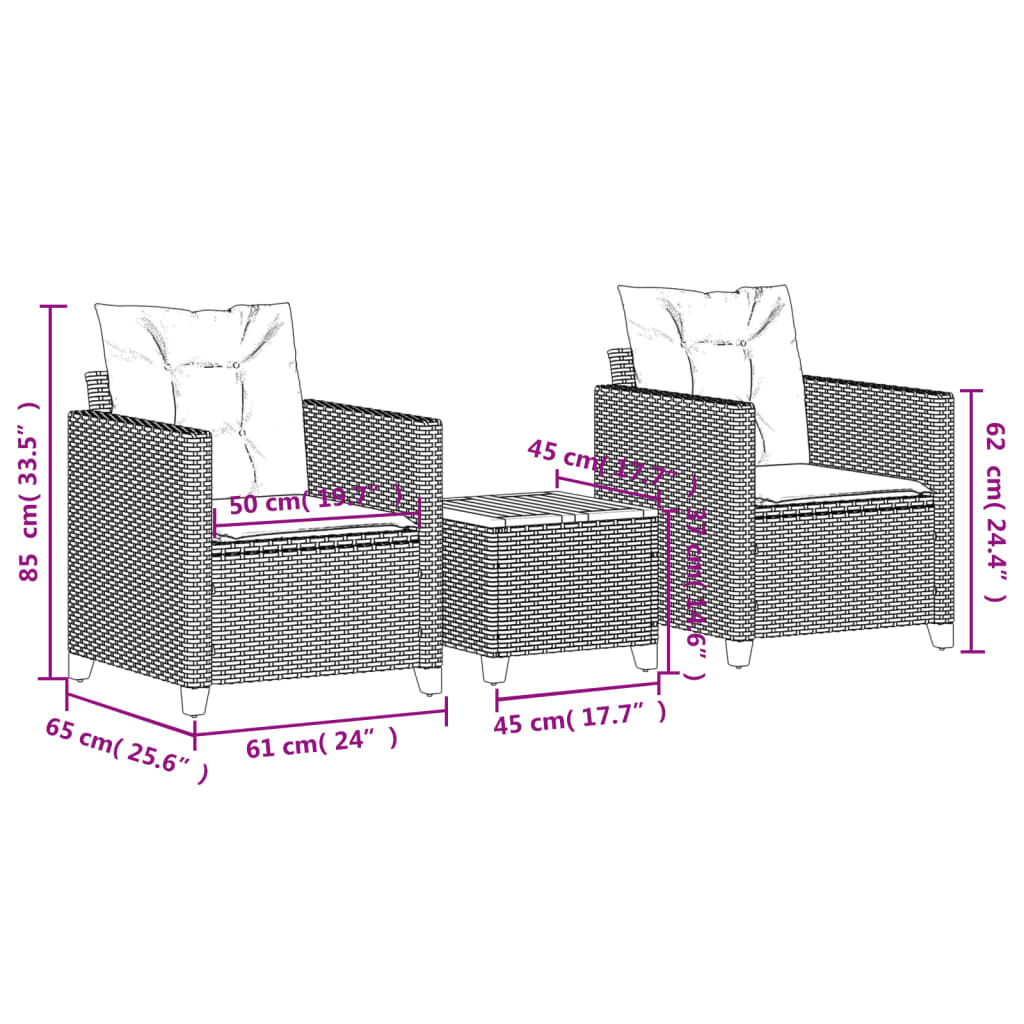 vidaXL 3-delige Bistroset met kussens poly rattan en acaciahout grijs