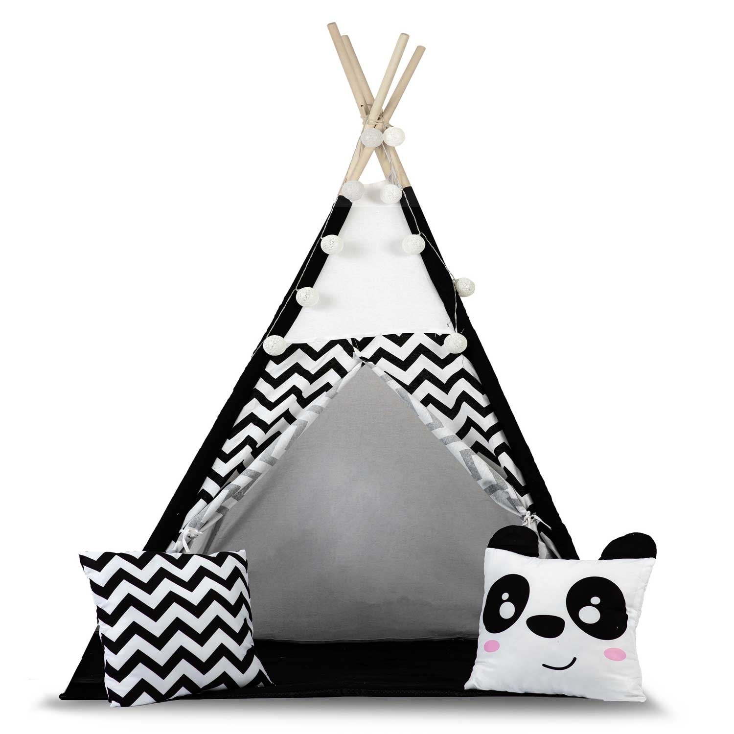 Tipi Tent Zwart/Wit met Lampjes & Kussens - 40% Korting!