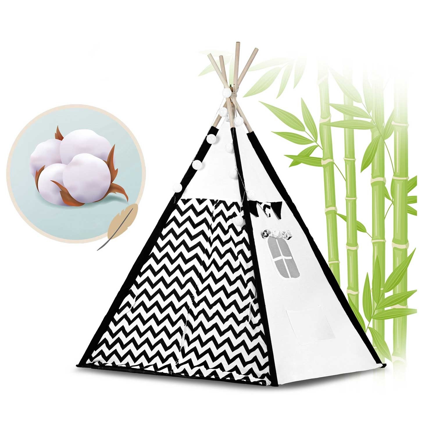 Tipi Tent Zwart/Wit met Lampjes & Kussens - 40% Korting!