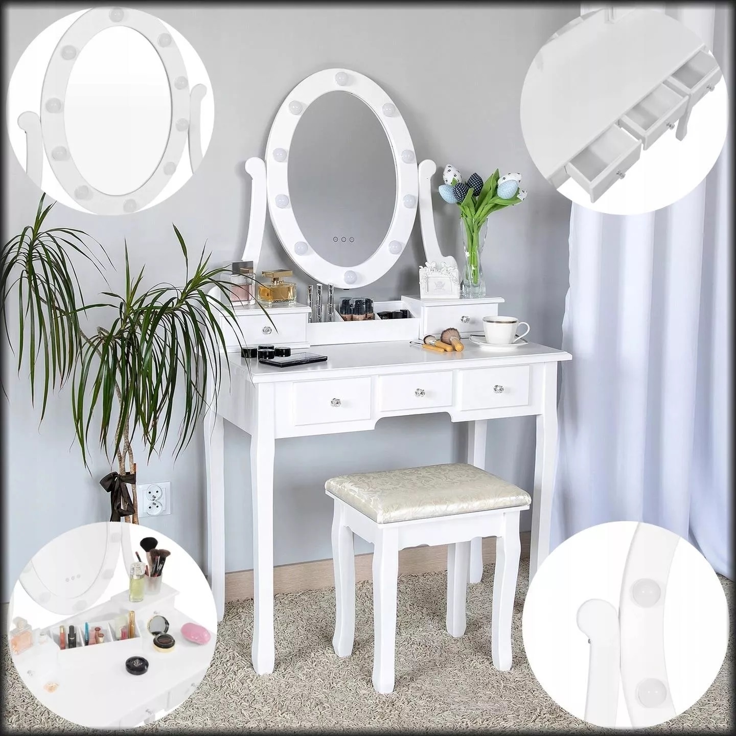Houten kaptafel wit - met LED-verlichte spiegel- met bijpassende kruk - 80x40x137 cm